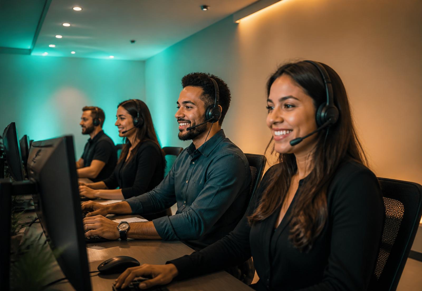 Equipe da Ativa Educacional atendendo clientes com headsets
